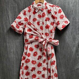 Women's S Light Pink & Red Floral Collared Dress with Front Tie and Pockets
